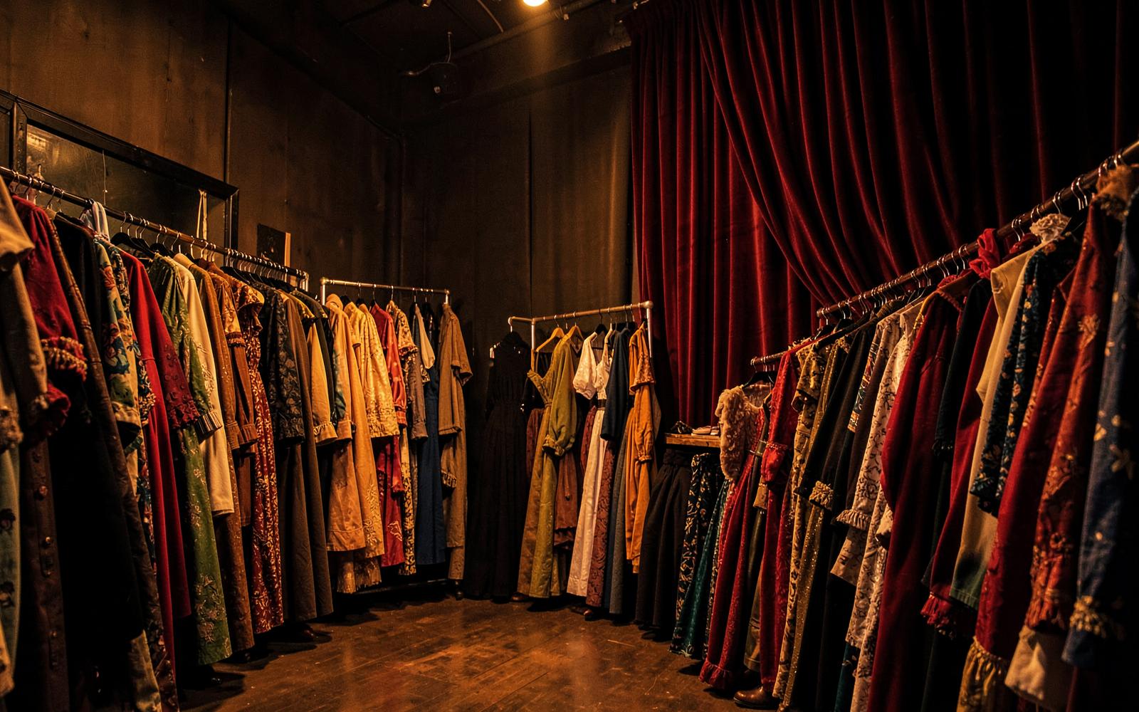 Racks of theatrical costumes lit by warm stage lighting inside Universal Costumes
